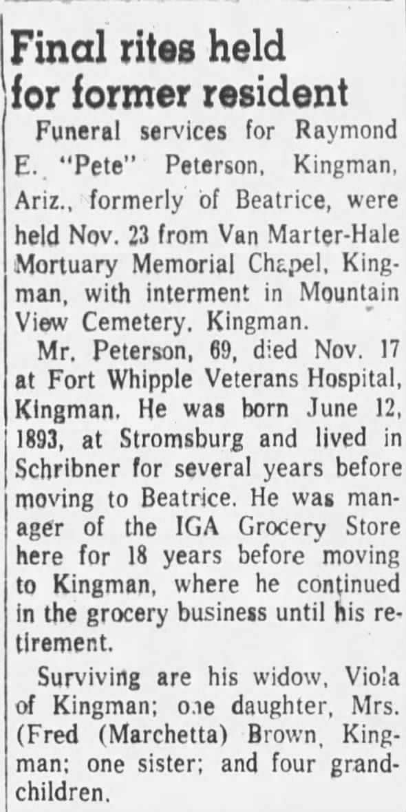Obituary for Raymond E. Peterson (Aged 69)